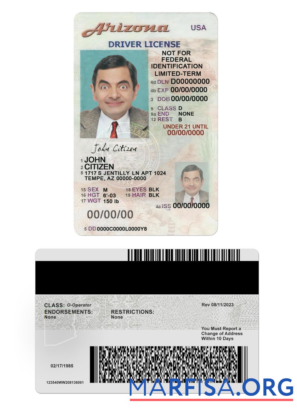 Realistic USA Arizona driving license under 21 template